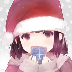 Rule 34 | 1girl, artist name, black eyes, black hair, blush, christmas, covered mouth, cristian penas, gift, hat, holding, long sleeves, looking at viewer, original, outline, portrait, santa costume, santa hat, short hair, sleeves past wrists, snowflakes, solo, upper body