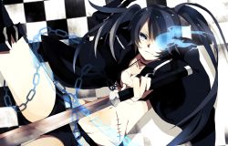 10s 1girl bad_id bad_pixiv_id bikini bikini_top_only black_hair black_rock_shooter black_rock_shooter_(character) chain chisumi female_focus glowing glowing_eye glowing_eyes hair_over_one_eye highres long_hair midriff navel scar shorts solo swimsuit sword twintails weapon