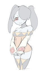 Rule 34 | 1girl, bare shoulders, blue skin, blush, boots, breasts, cerebella (skullgirls) (cosplay), choker, colored skin, cosplay, hair over one eye, highres, kurokuro (pmnovel), red eyes, skullgirls, squigly (skullgirls), thigh boots, thighhighs, twintails, zombie