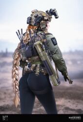 Rule 34 | 1girl, absurdres, ass, belt, belt pouch, black leggings, blonde hair, blurry, blurry background, braid, braided ponytail, brown gloves, chinese commentary, closed mouth, combat helmet, commentary request, cowboy shot, day, gloves, green eyes, green jacket, headphones, headset, helmet, highres, jacket, leggings, load bearing vest, long hair, long sleeves, m72 law, night vision device, original, outdoors, pouch, rocket launcher, solo, standing, tiewan, utility belt, very long hair, walkie-talkie, weapon