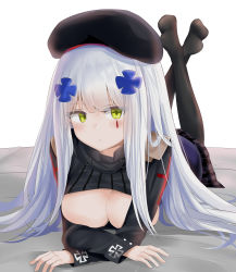 Rule 34 | 1girl, absurdres, bed sheet, beret, black hat, black thighhighs, blunt bangs, blush, breasts, cleavage, cleavage cutout, closed mouth, clothing cutout, cross, crossed arms, eyes visible through hair, facepaint, girls&#039; frontline, gloves, green eyes, hair ornament, hat, highres, hk416 (girls&#039; frontline), iron cross, jacket, large breasts, long hair, looking at viewer, lying, on stomach, plaid, plaid skirt, pout, ru zhai, sidelocks, silver hair, simple background, skirt, solo, teardrop, thighhighs, tsurime, very long hair