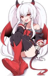 Rule 34 | 1girl, ass, bare shoulders, black panties, black shirt, black thighhighs, black wings, boots, chawan (yultutari), collarbone, commentary request, demon girl, demon horns, demon tail, demon wings, evo grim, gradient wings, grim aloe, hair between eyes, head tilt, highres, horns, knee boots, long hair, long sleeves, multicolored wings, off shoulder, open mouth, panties, pleated skirt, quiz magic academy, quiz magic academy the world evolve, red eyes, red footwear, red wings, shadow, shirt, shoe soles, side-tie panties, sitting, skirt, sleeves past wrists, solo, tail, thighhighs, thighhighs under boots, tongue, tongue out, twintails, underwear, very long hair, white background, white hair, white skirt, wings