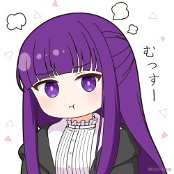 Rule 34 | 1girl, :t, black robe, chibi, closed mouth, commentary request, dress, fern (sousou no frieren), hood, hood down, hooded robe, long hair, looking at viewer, mitya, open clothes, open robe, pout, purple eyes, purple hair, robe, simple background, solo, sousou no frieren, translation request, twitter username, upper body, white background, white dress