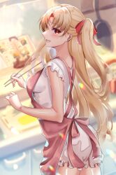 Rule 34 | 1girl, apron, blonde hair, blurry, blurry background, blush, breasts, chiachun0621, chopsticks, commentary, commission, cowboy shot, ereshkigal (fate), eyelashes, fate/grand order, fate (series), frilled shirt, frills, from side, glint, hair between eyes, half updo, hands up, highres, holding, holding chopsticks, indoors, jewelry, kitchen, long hair, looking at viewer, medium breasts, open mouth, pink apron, profile, red eyes, ring, shirt, sideways glance, skeb commission, smile, solo, standing, two side up, very long hair, wedding ring, white shirt