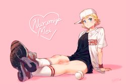 Rule 34 | 1girl, :o, ace of diamond, arm at side, arm support, bad id, bad pixiv id, ball, baseball, baseball cap, baseball uniform, black shorts, blonde hair, blue eyes, breasts, character name, closed mouth, clothes writing, crossed legs, eyelashes, flipped hair, full body, genderswap, genderswap (mtf), hat, heart, kneehighs, looking at viewer, looking to the side, medium breasts, narumiya mei, ninee, nishita, pink background, shadow, shirt, shoe soles, shoes, short hair, short sleeves, shorts, sideways hat, signature, simple background, sitting, sneakers, socks, solo, sportswear, t-shirt, undershirt, white hat, white socks, wristband
