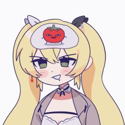 Rule 34 | 1girl, animated, animated gif, black bow, blonde hair, blush stickers, bow, commentary, detached collar, dokibird (vtuber), dokibird (vtuber) (tomato), dot nose, drooling, english commentary, green eyes, grey jacket, hair bow, indie virtual youtuber, jacket, long hair, looking at viewer, looping animation, lowres, open mouth, simple background, smile, solo, suneiruuu, tomato, twintails, upper body, v-shaped eyebrows, very long hair, virtual youtuber, white background, white bow