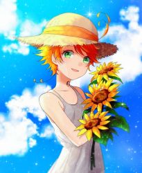 Rule 34 | 1girl, :d, ahoge, blonde hair, blue sky, blurry, blurry background, bouquet, cloud, collarbone, day, dress, emma (yakusoku no neverland), flower, green eyes, hat, hat ribbon, holding, holding bouquet, kitimoop, looking at viewer, neck tattoo, number tattoo, open mouth, ribbon, short hair, sky, sleeveless, sleeveless dress, smile, solo, sparkle, standing, straw hat, sun hat, sundress, sunflower, tattoo, white dress, yakusoku no neverland, yellow flower, yellow hat, yellow ribbon