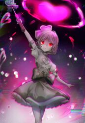 Rule 34 | #compass, 1girl, absurdres, arm up, closed mouth, dress, elbow gloves, eyelashes, glitch, gloves, greyscale with colored background, heart, highres, holding, holding wand, looking at viewer, magical girl, red eyes, ruruka (#compass), short hair, solo, sparkle, spot color, tendoshi, wand