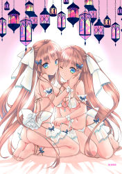 Rule 34 | 2girls, arm cuffs, artist name, ass, back, barefoot, bow, bra, breasts, brown hair, butterfly hair ornament, commentary request, feet, hair ornament, heads together, highres, kneeling, long hair, looking at viewer, medium breasts, multiple girls, nanase aoi, navel, one eye closed, original, panties, siblings, sideboob, sidelocks, stomach, thighs, toes, twins, twintails, underwear, very long hair, white bow, white bra, white panties