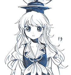 Rule 34 | 1girl, hat, itomugi-kun, kamishirasawa keine, long hair, looking at viewer, monochrome, open mouth, short sleeves, simple background, solo, touhou, upper body, white background