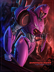 Rule 34 | 1girl, artist name, character name, commentary, damaged, dated, english commentary, fire, from side, glowing, glowing eye, highres, holding, holding knife, knife, looking at viewer, mecha, myla xan, parted lips, piston, red eyes, robot, science fiction, shadow striker, transformers, transformers cyberverse