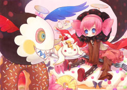 Rule 34 | 10s, 1girl, blue eyes, bow, cake, candy, charlotte (madoka magica), cup, doughnut, fangs, food, fork, hair bow, kyubey, mahou shoujo madoka magica, mahou shoujo madoka magica (anime), multicolored eyes, personification, pink hair, plate, sanmi tenten, short hair, sleeves past wrists, tea, teacup, teapot, wings