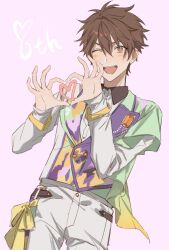 Rule 34 | 1boy, blush, brown hair, buttons, collared shirt, cowboy shot, dress shirt, ensemble stars!, heart, heart hands, highres, long sleeves, looking at viewer, male focus, mango (naihowda), morisawa chiaki, one eye closed, open mouth, pink background, red eyes, shirt, short hair, simple background, smile, solo, teeth, upper teeth only, white shirt