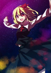 Rule 34 | 1girl, blonde hair, female focus, hair ribbon, long sleeves, night, open mouth, outstretched arms, red eyes, ribbon, rumia, short hair, side ponytail, solo, sushikuugo (suisen), touhou