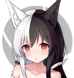 Rule 34 | 1girl, :o, alice mana, alice mana channel, animal ear fluff, animal ears, bare shoulders, black hair, blush, collarbone, commentary request, fox ears, grey background, hair between eyes, hair ornament, highres, long hair, looking at viewer, multicolored hair, nagato-chan, parted lips, red eyes, solo, split theme, two-tone background, two-tone hair, upper body, virtual youtuber, white background, white hair
