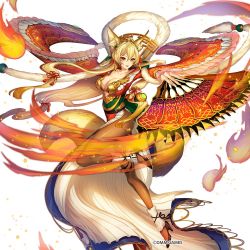 Rule 34 | 1girl, animal ears, artist request, blonde hair, breasts, brown eyes, cleavage, collarbone, commentary request, copyright name, dress, fire, fox ears, fox tail, frills, full body, hair ornament, hand fan, high heels, holding, kamihime project, leg up, official art, original, pantyhose, short hair, side slit, simple background, smile, solo, tail, white background, wide sleeves
