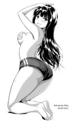 Rule 34 | 1girl, arm on own head, ass, bare shoulders, barefoot, black hair, blush, buruma, character name, covering breasts, covering privates, dated, double vertical stripe, female focus, from behind, hand on breast, hand on own head, highres, long hair, looking at viewer, looking back, monochrome, open mouth, panties, panties under buruma, panty peek, shiina nami, shiramine rika, simple background, soles, solo, sweat, thick thighs, thighs, toes, topless, underwear, white background