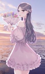 Rule 34 | 1girl, absurdres, armpit crease, bad id, bad pixiv id, bare shoulders, beach, blush, bouquet, choker, cloud, cowboy shot, detached sleeves, dress, earrings, flower, frilled choker, frilled dress, frills, grey eyes, grey hair, halter dress, halterneck, hand up, highres, holding, holding bouquet, huge filesize, jewelry, long hair, long sleeves, looking at viewer, monjja, ocean, open mouth, original, outdoors, parted bangs, puffy long sleeves, puffy sleeves, sleeveless, sleeveless dress, solo, stud earrings, sunset