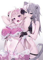 Rule 34 | 2girls, animal ears, armpits, arms behind head, arms up, bare shoulders, blonde hair, blue eyes, blush, breasts, cleavage, curled horns, ear piercing, grabbing, grabbing another&#039;s breast, grey hair, highres, hololive, horns, large breasts, lion ears, lion girl, lion tail, long hair, looking at viewer, multiple girls, navel, open mouth, piercing, purple eyes, sheep ears, sheep girl, sheep horns, shishiro botan, slingshot swimsuit, smile, swimsuit, tail, thighs, tsunomaki watame, virtual youtuber, yaguo, yuri