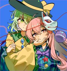 Rule 34 | 2girls, black headwear, blue background, blue shirt, bow, bowtie, green eyes, green hair, hand on another&#039;s face, hata no kokoro, height difference, highres, jacket, komeiji koishi, looking at viewer, maisuiren, multiple girls, pink eyes, pink hair, purple bow, purple bowtie, shirt, smile, touhou, two-tone shirt, yellow jacket