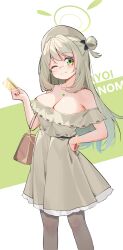 Rule 34 | 1girl, absurdres, alternate costume, bag, bespectacled, blue archive, blush, breasts, cleavage, closed mouth, dress, feet out of frame, glasses, green eyes, green halo, grey dress, halo, highres, holding, jewelry, large breasts, light brown hair, long hair, necklace, nonomi (blue archive), one eye closed, painterliuhao, short sleeves, smile, solo