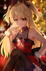 Rule 34 | 1girl, alternate costume, arm up, bell, black choker, black thighhighs, blonde hair, blurry, blurry background, breasts, choker, christmas, christmas tree, commentary, crossed legs, dress, eyepatch, fischl (genshin impact), fishnets, genshin impact, green eyes, hair between eyes, hair ornament, hair over one eye, hand on own hip, highres, long hair, looking at viewer, nasii, neck bell, pink ribbon, red dress, revision, ribbon, sitting, small breasts, smile, solo, thighhighs, two side up