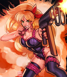Rule 34 | 1girl, absurdres, alternate costume, big hair, black background, black leotard, black thighhighs, blonde hair, bow hairband, breasts, calvin sims, cleavage, commentary, dark persona, dragon ball, dragon ball (classic), dual wielding, english commentary, explosion, explosive, fingernails, firing, frilled garter, frilled leotard, frills, green eyes, grenade, gun, hairband, highres, holding, holding grenade, holding gun, holding weapon, large breasts, leotard, long hair, lunch (bad) (dragon ball), lunch (dragon ball), mouth hold, muzzle flash, nail polish, pink garter, purple nails, red hairband, skorpion vz. 61, sleeveless, solo, submachine gun, thighhighs, very long hair, weapon