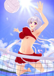 Rule 34 | absurdres, ahoge, armpits, ball, beach, beach volleyball, bikini, blue sky, bouncing breasts, breasts, check commentary, cloud, commentary, commentary request, fisheye, flying sweatdrops, from below, highres, horizon, jumping, large breasts, looking at viewer, navel, open mouth, outdoors, outstretched arms, purple eyes, red bikini, senki zesshou symphogear, short hair, sky, sparkle, stomach, sunlight, sweat, swimsuit, tsubame-w, volleyball, volleyball (object), volleyball net, water, white hair, yukine chris