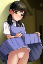 Rule 34 | 1girl, absurdres, black hair, blurry, blurry background, blush, cleft of venus, clothes lift, collared shirt, cowboy shot, depth of field, full-face blush, hair over shoulder, highres, lifting own clothes, long sleeves, looking at another, looking away, matsunaga kouyou, neck ribbon, no panties, nude filter, original, pleated skirt, purple ribbon, pussy, ribbon, school uniform, shadow, shirt, short hair, short sleeves, skirt, skirt lift, smile, solo, standing, suspender skirt, suspenders, third-party edit, twintails, uncensored, underskirt, white shirt, yellow background, yellow eyes