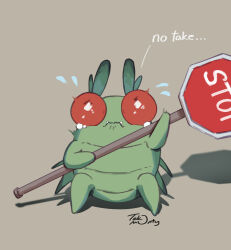 Rule 34 | antennae, bug, chibi, crying, crying with eyes open, english text, fang, fangs, flying, full body, grey background, hoarding bug (lethal company), holding, holding sign, lethal company, no humans, red eyes, road sign, shadow, sign, signature, simple background, sitting, stop sign, takomonty, tears
