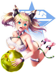 Rule 34 | 1girl, ankle strap, ass, ball, bare arms, bare shoulders, barefoot, beachball, blonde hair, blue eyes, bow, breasts, cleavage, cleavage cutout, clothing cutout, collarbone, criss-cross halter, gene (pso2), hair between eyes, hair bow, hair ornament, halterneck, halterneck, harukaze bou, highres, huge breasts, kneeling, long hair, looking at viewer, midriff, multicolored hair, phantasy star, phantasy star online 2, skindentation, solo, streaked hair, thigh strap, twintails, two-tone hair, underboob