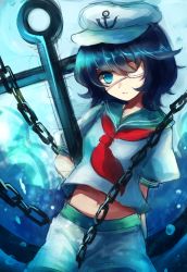 Rule 34 | 1girl, anchor, blue eyes, blue hair, bubble, chain, colorized, covering one eye, eyepatch, hat, highres, looking at viewer, maho moco, matching hair/eyes, midriff, murasa minamitsu, navel, one-hour drawing challenge, one eye covered, pants, puffy sleeves, sailor collar, sailor hat, shirt, short hair, short sleeves, simple background, sketch, solo, touhou, underwater, water