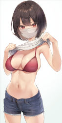 Rule 34 | 1girl, :p, absurdres, bikini, black hair, black shorts, breasts, clothes lift, commentary request, highres, large breasts, lifted by self, looking at viewer, masco, masco (character), mask, mouth mask, navel, original, red bikini, shirt, shirt lift, short hair, shorts, simple background, solo, standing, stomach, surgical mask, swimsuit, thighs, tongue, tongue out, white background, white shirt