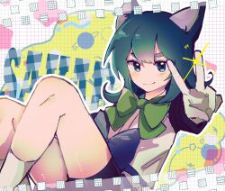 1boy androgynous animal_ears bike_shorts gloves green_eyes green_hair green_ribbon highres keita_sakaba legs_up long_hair long_sleeves looking_at_viewer planet ribbon shorts smile socks solo sparkle thighs towelket_wo_mou_ichido v white_socks yorumorukimiri yukikaze2828