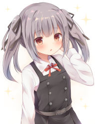 Rule 34 | 10s, 1girl, alternate hairstyle, bad id, bad pixiv id, belt, blouse, brown eyes, buttons, chestnut mouth, commentary request, dress, eyebrows, grey hair, hair ribbon, hand to head, hand up, kantai collection, kasumi (kancolle), long hair, long sleeves, looking at viewer, masayo (gin no ame), neck ribbon, pinafore dress, ribbon, school uniform, shirt, simple background, sleeveless, sleeveless dress, solo, twintails, upper body, vest, white background, white shirt