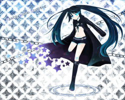 Rule 34 | 10s, 1girl, belt, black hair, black rock shooter, black rock shooter (character), blue eyes, boots, cape, chain, female focus, flat chest, hatsune miku, long hair, midriff, scar, shorts, solo, twintails, vocaloid, whitemoon