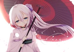 Rule 34 | 1girl, ahoge, aties20, backlighting, black choker, blue eyes, blush, choker, closed mouth, commentary, floating hair, flower, hair between eyes, hair flower, hair in own mouth, hair ornament, head tilt, holding, holding umbrella, ia (vocaloid), japanese clothes, kimono, long hair, long sleeves, looking at viewer, obi, oil-paper umbrella, petals, purple flower, red umbrella, sash, simple background, sleeves past wrists, solo, umbrella, upper body, very long hair, vocaloid, white background, white hair, white kimono, wide sleeves