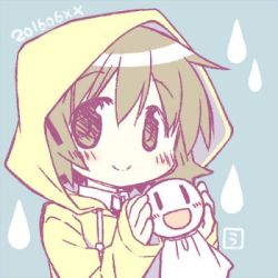 Rule 34 | 10s, 1girl, 2016, aoki ume, blue background, brown eyes, brown hair, commentary request, dated, doll, hair ornament, hidamari sketch, holding, holding doll, hood, hood up, lowres, open mouth, raincoat, short hair, sketch, sleeves past wrists, smile, solo, teruterubouzu, translation request, water drop, yuno (hidamari sketch)