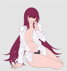 Rule 34 | 1girl, black panties, blouse, blush, breasts, cleavage, collared shirt, dress shirt, fate/grand order, fate (series), grey background, hair between eyes, hair intakes, highres, large breasts, long hair, looking at viewer, open clothes, open shirt, panties, purple hair, red eyes, scathach (fate), shijie jianfa, shirt, simple background, sitting, solo, thighs, underwear, white shirt