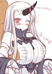 Rule 34 | 10s, 1girl, abyssal ship, blush, breasts, claws, faceless, faceless male, grabbing, grabbing another&#039;s breast, horns, kantai collection, kusano (torisukerabasu), large breasts, long hair, one eye closed, pale skin, red eyes, seaport princess, simple background, single horn, sketch, white background, white hair