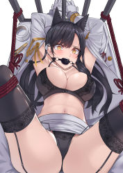 Rule 34 | 1girl, absurdres, animal ears, armpits, atago (azur lane), azur lane, ball gag, bdsm, black bra, black hair, black panties, black thighhighs, blush, bra, breasts, cleavage, clothes lift, collarbone, cuffed, cuffs, gag, gagged, gloves, harris hero, highres, jacket, large breasts, long hair, looking at viewer, mole, mole under eye, navel, open clothes, open jacket, panties, restrained, scared, shibari, simple background, skirt, skirt lift, solo, spread legs, strap pull, tears, thighhighs, tight clothes, underwear, white gloves, white jacket, white skirt, yellow eyes