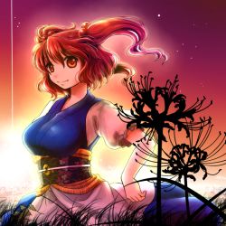 Rule 34 | 1girl, breasts, female focus, flower, hair bobbles, hair ornament, large breasts, onozuka komachi, outdoors, red eyes, red hair, short hair, sky, smile, socha, solo, sunset, touhou, twilight, twintails, two side up