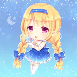Rule 34 | 1girl, :d, bare shoulders, blonde hair, blue bow, blue hairband, blue skirt, blush, bow, braid, caramel (caramelmilk), chibi, collared shirt, commentary request, crescent, full body, gloves, hair bow, hairband, hands up, long hair, low twintails, no shoes, open mouth, original, red eyes, shirt, skirt, sleeveless, sleeveless shirt, smile, solo, standing, star (symbol), starry background, striped bow, striped clothes, striped skirt, thighhighs, twin braids, twintails, vertical-striped clothes, vertical-striped skirt, very long hair, white gloves, white shirt, white thighhighs