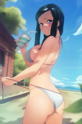 Rule 34 | 1girl, ass, back, beach, bikini, bikini pull, black hair, blue sky, blurry, blush, breasts, clothes pull, cloud, cowboy shot, cup, day, depth of field, drinking straw, dripping, dutch angle, from behind, hand up, highres, holding, holding cup, leaf, long hair, looking at viewer, looking back, medium breasts, mountainous horizon, ocean, original, outdoors, pulled by self, purple eyes, shade, shiny skin, side-tie bikini bottom, sideboob, sidelocks, skindentation, sky, smile, solo, standing, string bikini, swimsuit, tree, twisted torso, white bikini, yeedee
