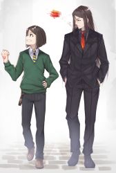 Rule 34 | 1boy, aged up, belt, black hair, black jacket, blue neckwear, brown belt, cigarette, commentary request, fate/zero, fate (series), green sweater, grin, hair between eyes, hand tattoo, highres, jacket, long hair, looking at another, lord el-melloi ii, lord el-melloi ii case files, male focus, necktie, pants, red neckwear, short hair, smile, striped clothes, striped neckwear, striped pants, sweater, tapioka (oekakitapioka), tattoo, waver velvet, yellow neckwear
