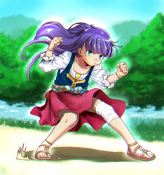 Rule 34 | 1girl, :o, aoba (smartbeat), bandaged knees, blue eyes, clenched hands, cross, fate/grand order, fate (series), fighting stance, forest, long hair, nature, purple hair, martha (fate), sandals, skirt, solo, tree, aged down