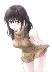 Rule 34 | 1girl, aran sweater, backless dress, backless outfit, bad id, bad pixiv id, bare shoulders, black hair, blush, breasts, brown sweater, cable knit, clothes pull, cowboy shot, dress, hair between eyes, halterneck, kojika (hodohodoni), leaning forward, looking at viewer, medium breasts, meme attire, naked sweater, original, parted lips, red eyes, ribbed sweater, sidelocks, simple background, smile, solo, sweater, sweater dress, sweater pull, thighs, turtleneck, turtleneck sweater, twintails, virgin killer sweater, white background
