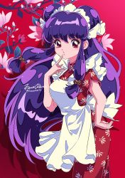Rule 34 | 1girl, absurdres, artist name, breasts, chinese clothes, double bun, hair bun, hair ornament, highres, kisumi rei, long hair, looking at viewer, plant, purple hair, ranma 1/2, red background, red eyes, shampoo (ranma 1/2), solo, twitter username