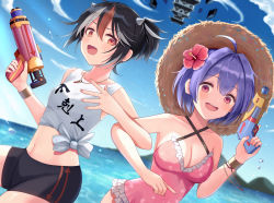 2girls ahoge bad_id bad_pixiv_id bare_shoulders bike_shorts black_hair bracelet breasts cleavage cloud collarbone cone_horns criss-cross_halter earrings flower frills grey_horns hair_between_eyes hair_flower hair_ornament halterneck hat hibiscus highres horns jewelry kijin_seija locked_arms looking_at_viewer medium_breasts midriff mountain multicolored_hair multiple_girls navel necklace one-piece_swimsuit open_mouth pink_one-piece_swimsuit purple_eyes purple_hair red_eyes red_hair shirt short_hair sky small_breasts smile streaked_hair sukuna_shinmyoumaru sun_hat suzugahama swimsuit tank_top tied_shirt touhou water water_gun white_hair white_tank_top