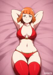Rule 34 | 1girl, animated, animated gif, armpits, arms behind head, arms up, blush, bra, breasts, bright pupils, cleavage, closed mouth, gukaito, highres, large breasts, lingerie, looking at viewer, lying, mcdonald&#039;s, mother (yoru mac), navel, on bed, orange hair, panties, red bra, red panties, red thighhighs, self-upload, short hair, smile, solo, stomach, thighhighs, underwear, white pupils